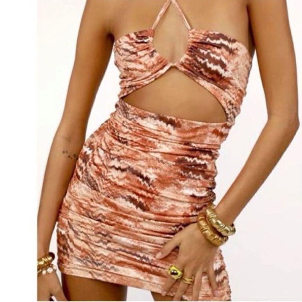 Tiger Mist Dress Women’s Cut Out Brown/Beige Stretch Ruched Sz XS